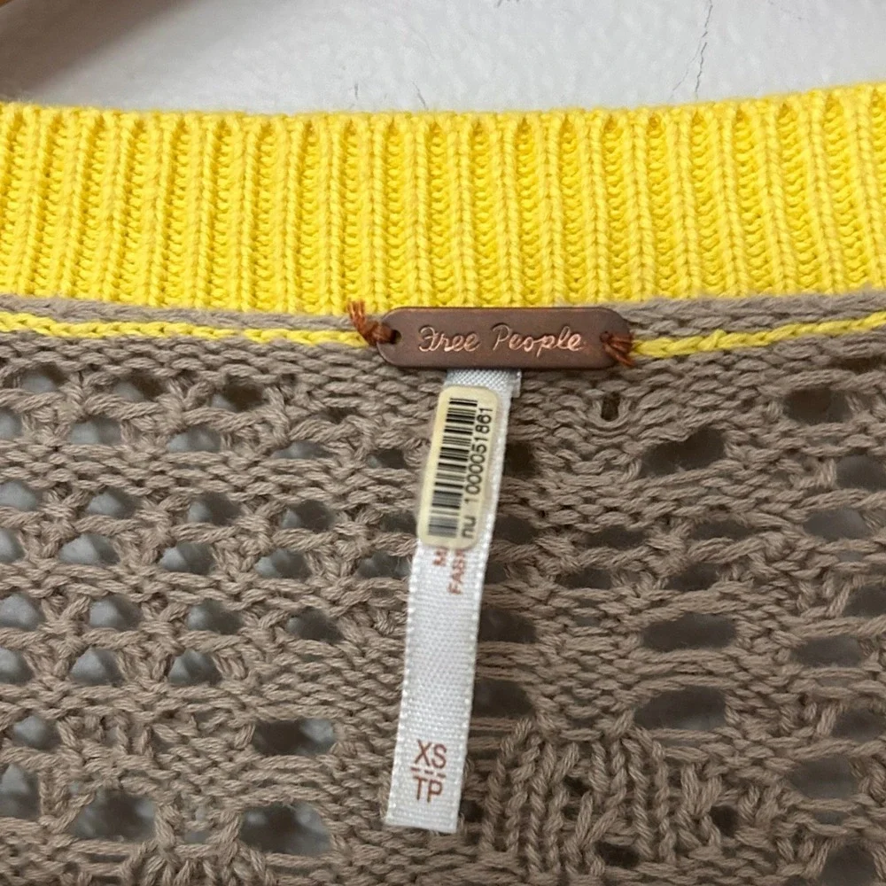Free People Sweater Womens XS Taupe Yellow Home Run Crochet Knit Boho Open Weave